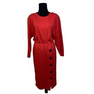 FADS Vintage Red Cotton Dress With Shoulder Pads Size Small